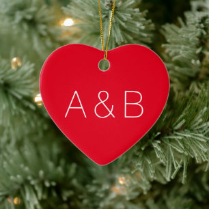 Cute red heart minimalist couple monogram initials ceramic tree decoration