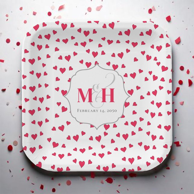 Cute Red Heart Monogram Custom Paper Plate (Pink heart pattern custom monogram paper plate)