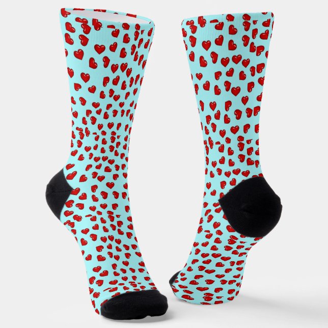 Cute Red Heart pattern on Blue Socks (Angled)