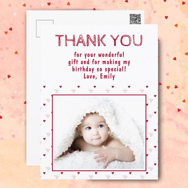 Cute Red Heart Pattern Photo Birthday Thank you Postcard (Creator Uploaded)
