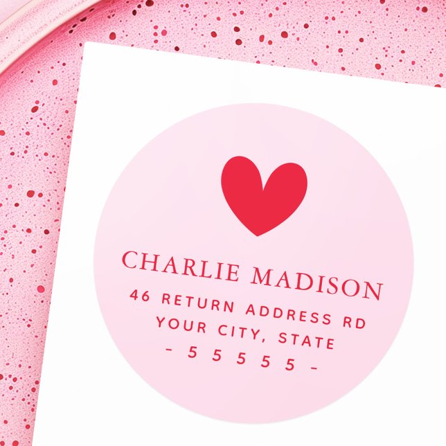 Cute red heart pink return address classic round sticker (Cute red heart pink return address classic round sticker)