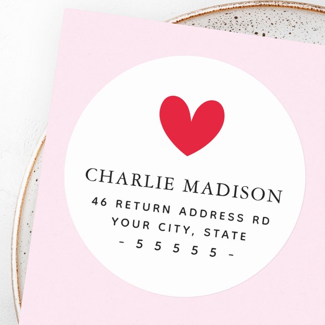 Cute red heart white return address classic round sticker (Cute red heart white return address classic round sticker)