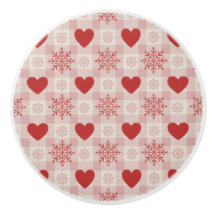 Cute Red Hearts Pink Snowflake Plaid Pattern  Ceramic Knob