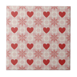 Cute Red Hearts Pink Snowflake Plaid Pattern Tile