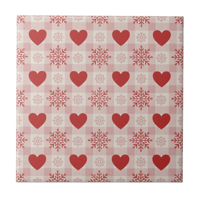 Cute Red Hearts Pink Snowflake Plaid Pattern Tile (Front)