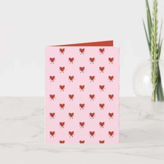 Cute Red Hearts Seamless Love Pattern on Pink Holiday Card (Front)