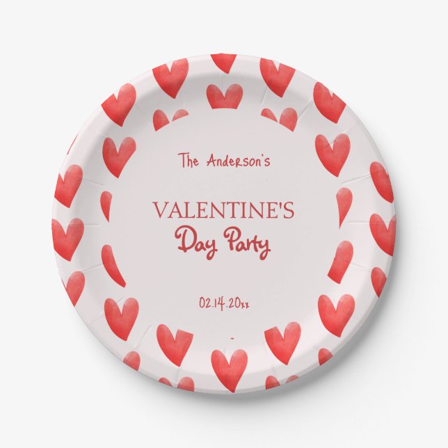 Cute Red Hearts Valentine's Day Party Paper Plate (Front)