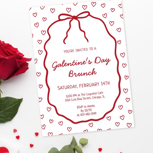 Cute Red Hearts with Bow Galentine's Day Party Invitation (Creator Uploaded)