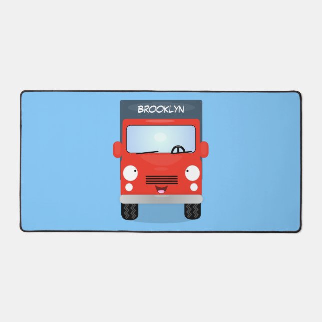 Cute red kawaii truck cartoon illustration desk mat (Front)