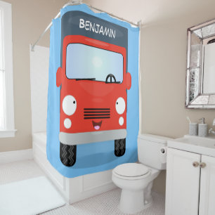 Cute red kawaii truck cartoon illustration shower curtain