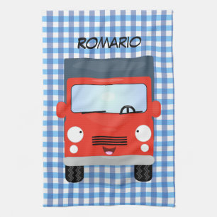 Cute red kawaii truck cartoon illustration tea towel