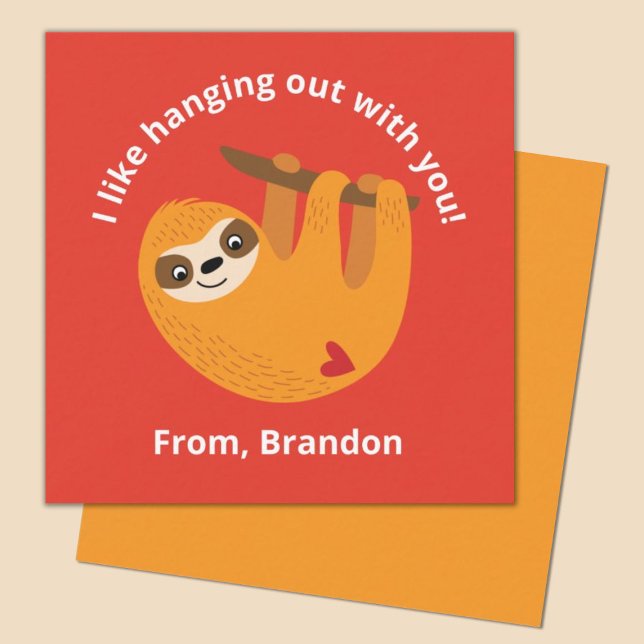 Cute Red Kids Sloth Valentines Day Note Card (A fun orange sloth valentines day mini 2.5x2.5" card Perfect for a classroom exhange.)
