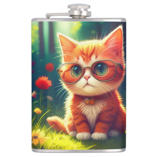 Cute Red Kitten Wearing Glasses-365478 Hip Flask