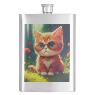 Cute Red Kitten Wearing Glasses-365478 Hip Flask