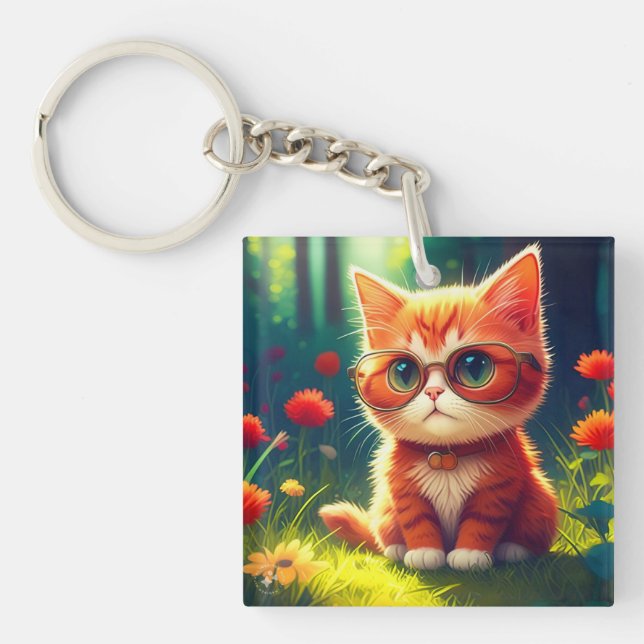 Cute Red Kitten Wearing Glasses-365478 Key Ring (Front)