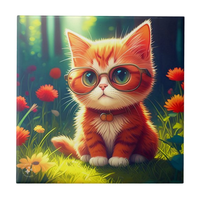 Cute Red Kitten Wearing Glasses-365478 Tile (Front)