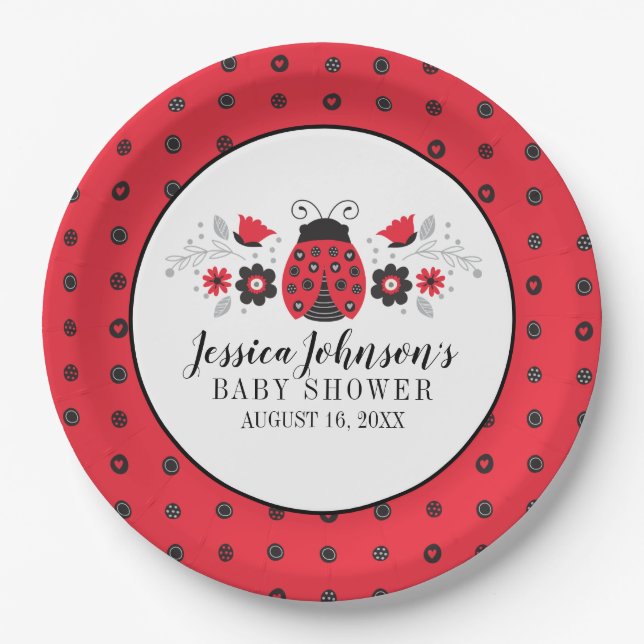Cute Red Ladybug Baby Shower Paper Plate (Front)