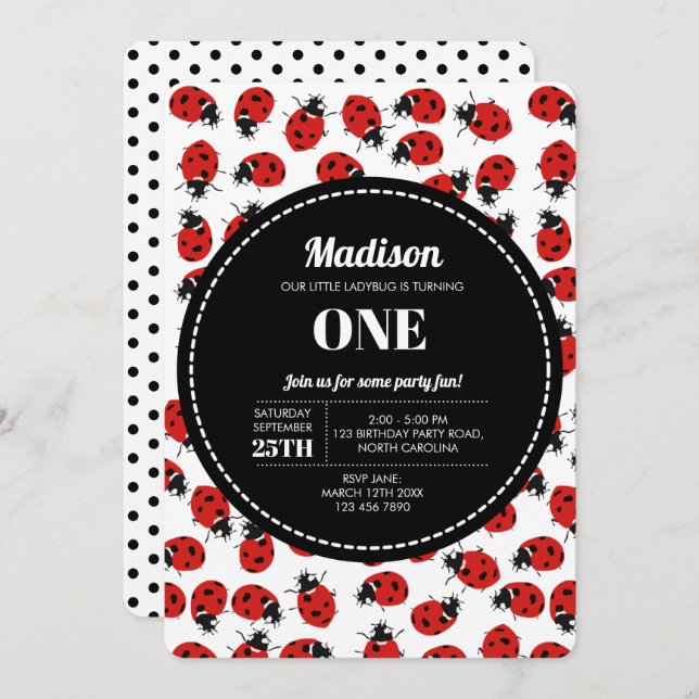 Cute Red Ladybug Birthday  Invitation (Front/Back)