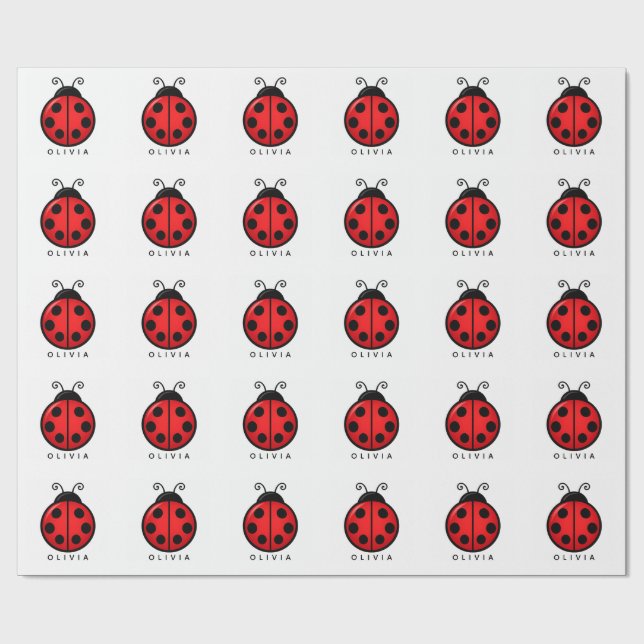 Cute Red Ladybug Custom Name Graphic Art Wrapping Paper (Flat)