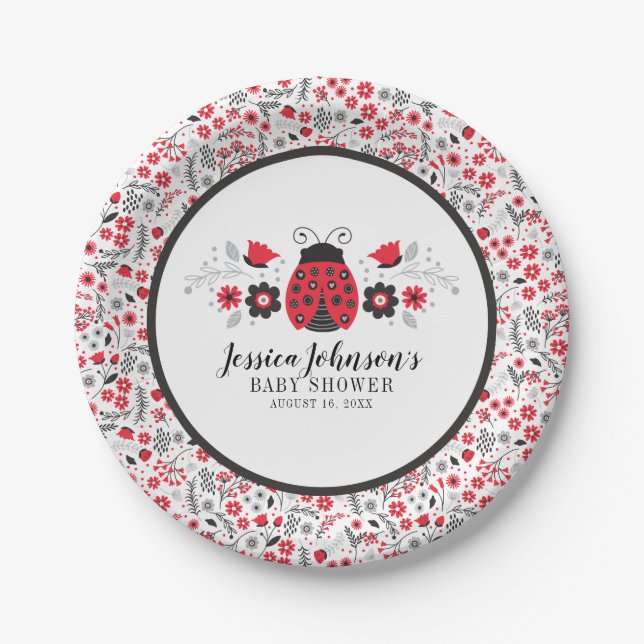 Cute Red Ladybug Girl Baby Shower Paper Plate (Front)