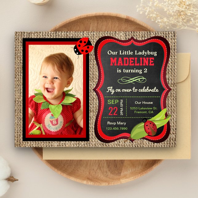 Cute Red Ladybug Kids Birthday Party Photo Invitation (Creator Uploaded)