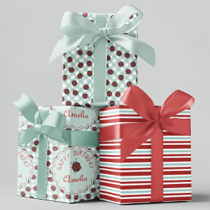 Cute Red Ladybug Personalised Kids Birthday Wrapping Paper Sheet