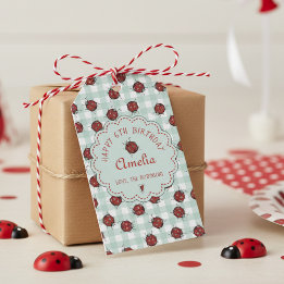 Cute Red Ladybug & Turquoise Gingham Pattern Kids Gift Tags