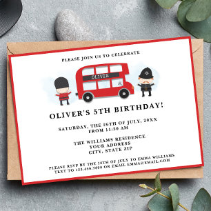 Cute Red London Bus Kids Birthday Party Invitation
