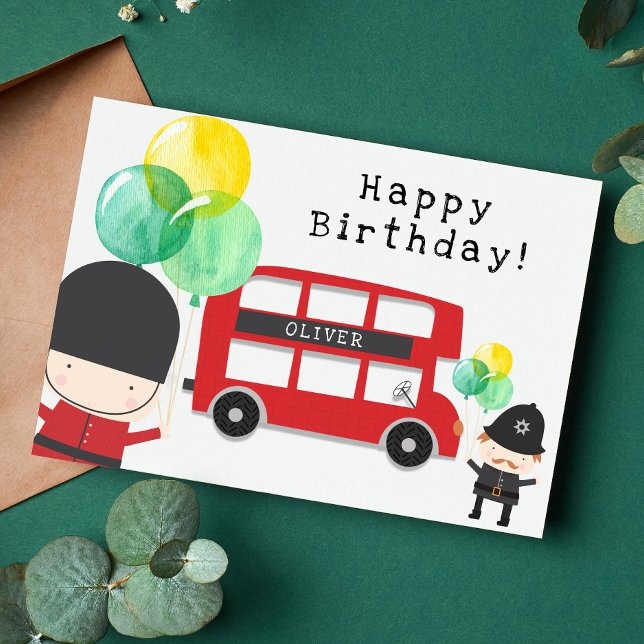 Cute Red London Bus Theme Kids Birthday Card (Creator Uploaded)