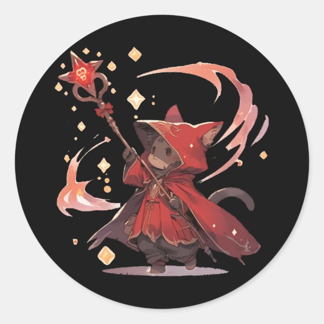Cute Red Mage Cat Hero Classic Round Sticker (Front)