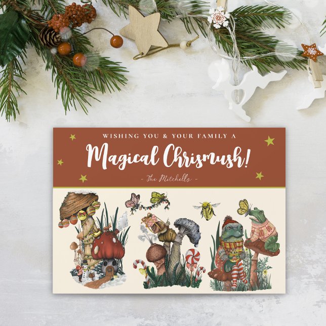 Cute Red Magical Mushroom Magnetic Christmas Card (Red magical mushroom christmas card with whimsical illustrations of mushrooms, frogs and snails)