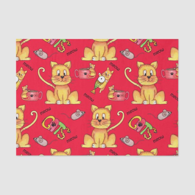 Cute Red Meow Cats Tissue Paper (Front)