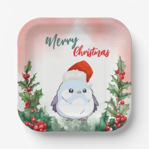 Cute Red Merry Christmas Bird Santa Xmas party Paper Plate