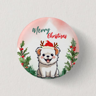 Cute Red Merry Christmas dog puppy Santa Xmas part 3 Cm Round Badge