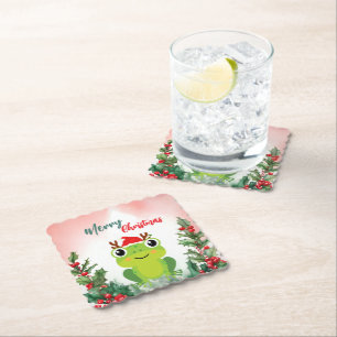 Cute Red Merry Christmas frog Santa Xmas party Paper Coaster