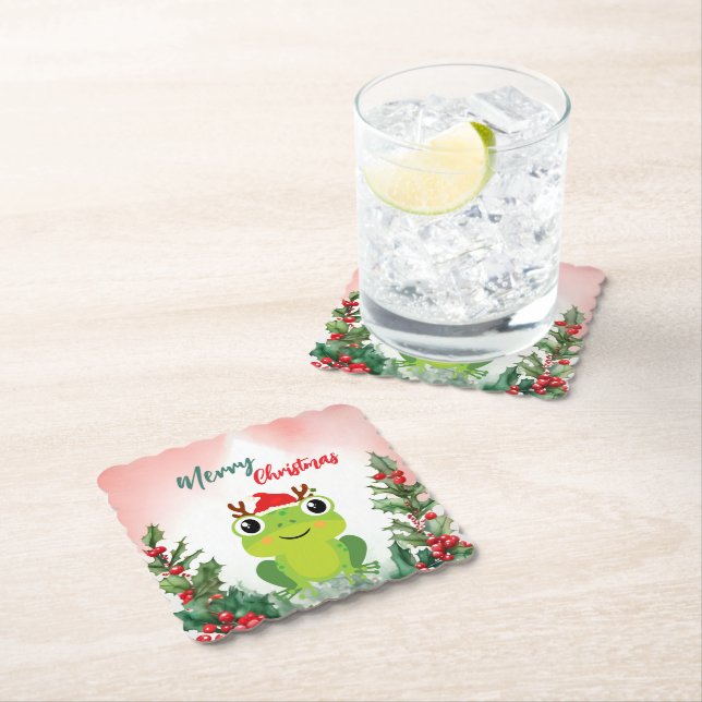 Cute Red Merry Christmas frog Santa Xmas party Paper Coaster (Insitu)