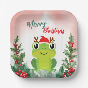 Cute Red Merry Christmas frog Santa Xmas party Paper Plate