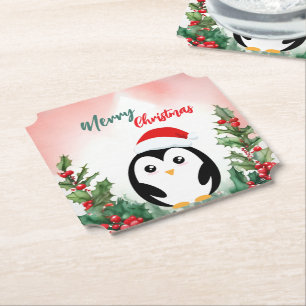 Cute Red Merry Christmas penguin Santa Xmas party Paper Coaster