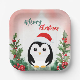 Cute Red Merry Christmas penguin Santa Xmas party Paper Plate