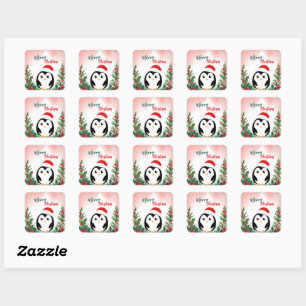 Cute Red Merry Christmas penguin Santa Xmas party Square Sticker