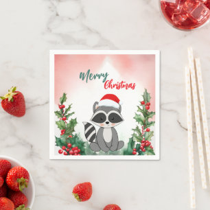 Cute Red Merry Christmas Racoon Santa Xmas party Napkin