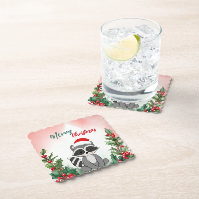 Cute Red Merry Christmas Racoon Santa Xmas party Paper Coaster (Insitu)