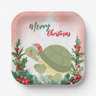 Cute Red Merry Christmas turtle Santa Xmas party Paper Plate