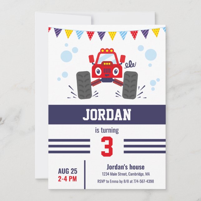 Cute Red Monster Truck Kids Birthday Party Invitation (Front)