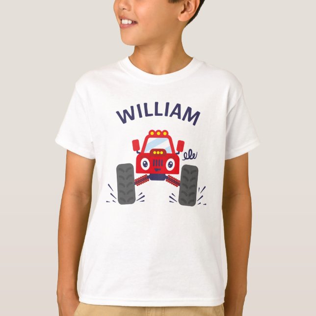 Cute Red Monster Truck with Your Name T-Shirt (Front)