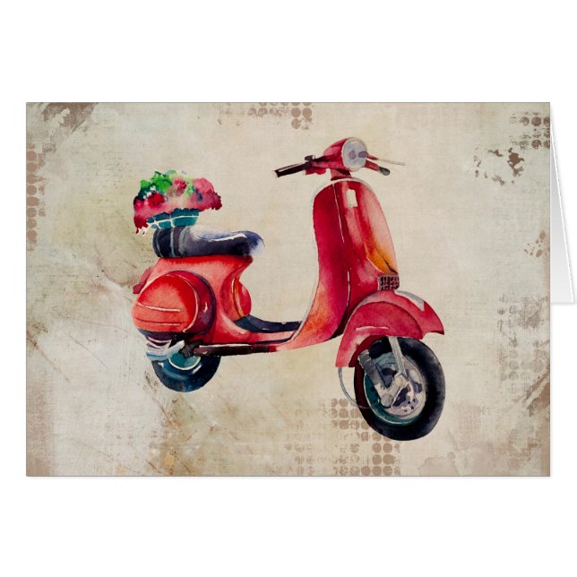Cute Red Moped In Watercolor With Flower Basket (Front Horizontal)
