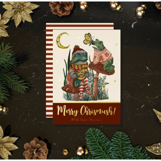Cute Red Mushroom Frog and Toad Merry Christmas Fo (Red and real gold foil Christmas flat card with a whimsical illustration of frogs on mushrooms)