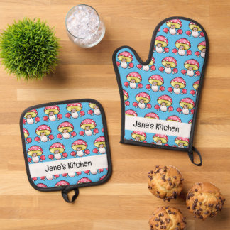 cute red mushroom (name) oven mitt & pot holder set