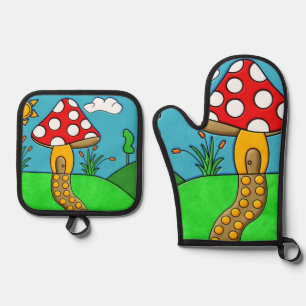 cute red mushroom oven mitt & pot holder set