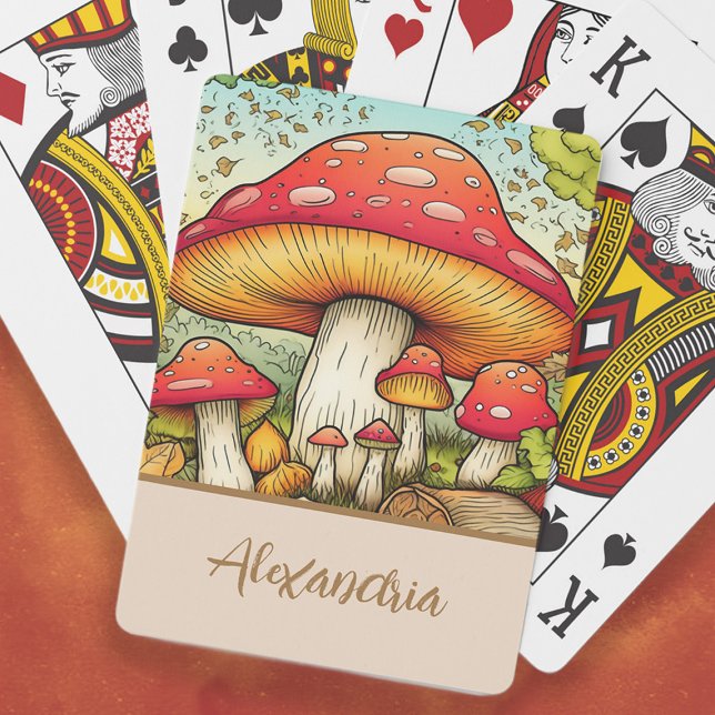 Cute Red Mushrooms Name Playing Cards (Cute red mushrooms playing cards personalized with your name.)